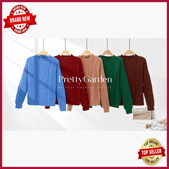 Oversized Cable Knit Pullover Sweater, Chunky Winter Crewneck, Long Sleeve - Picture 7 of 7